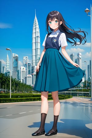 masterpiece, best quality,(1girl), solo,(depth of field),(solo focus),8K,HDR,(ultra high res),(highres),(full body),(lens flare),smiles,blush,(closed mouth),(black hair), (long hair),(aqua eyes),(floating hair), sidelocks,(malaysian secondary school uniform),(schoollogo),(school's logo on right side (pinafore dress)),(aqua blue skirt),(blue pinafore),(collared shirt),(white shirt),(short sleeves),(black socks),(black footwear),(ballet flats),(standing),(outdoors),(cityspace),(holding bag),(lamppost),urban,(petronas twins tower),KLCC,(Kuala Lumpur countryside),(Kuala Lumper Tower),Malaysia,(blue sky),