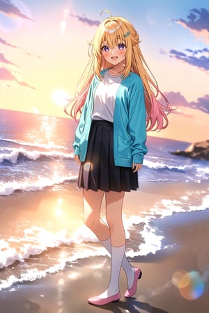 masterpiece, best quality,(1girl), solo,(depth of field),(solo focus),8K,HDR,(ultra high res),(highres),(full body),(lens flare),smiles,blush,ctiank0shi,ahoge (blonde hair),bangs,(long hair),(purple eyes),(hair ornament),(aqua blue cardigan), (open cardigan),(long sleeves),(white shirt),(pink skirt),(casual dress),(white socks),(pink footwear),(ballet flats),(standing),(outdoors),beach,ocean,sands,beach,morning,bokeh