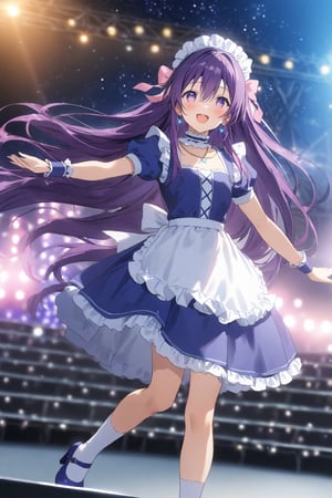 masterpiece, best quality,(1girl), solo,(depth of field),(solo focus),8K,HDR,(ultra high res),(highres),(full body),(lens flare),smiles,blush,(tooka yatogami),(hair between eyes),(white bows),(hair bows),(hair ribbon), earrings, (purple eyes), (purple hair),(floating hair),(very long hair),bangs, sidelocks,(maid headress),(idol clothes),(white bowtie),(blue dress),(frilled choker),(pink ribbon),(puffy short sleeves),(wrist cuffs)(white apron),(necklace),(white sock), (blue footwear),(mary janes),(pink headphones),(outdoors),(holding microphone),music, singing,(stage),(stage lights),(star (sky)),sparkle,(scaffolding),(standing),audience,glowstick,(outstretched arm),(feet out of frame),(leg up),