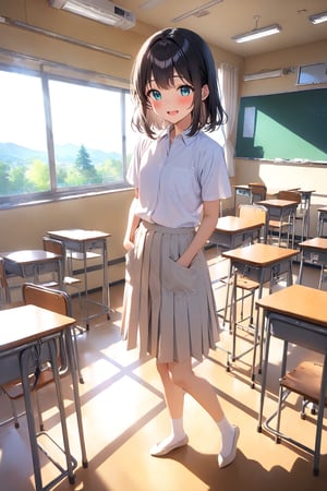 masterpiece, best quality,(1girl), solo,(depth of field),(solo focus),8K,HDR,(ultra high res),(highres),(full body),(perfect lighting),(lens flare),smiles,blush,(black hair), (medium hair),(aqua eyes), sidelocks,(collared shirt),((double pocket) of (white shirt)),(white buttons),(white skirt),(short sleeves),(white socks),(white footwear),(flats),(indoors),(classroom),(standing),(kyoushitsu),(school chair), (school desk), (whiteboard),(window),(ceiling light),curtains,tree,(air conditioners),