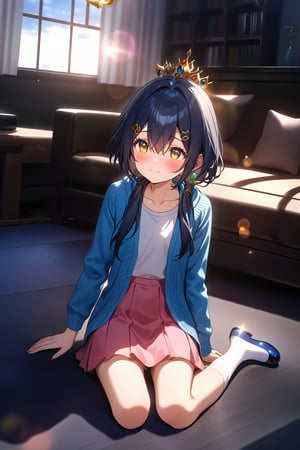 masterpiece, best quality,(1girl), solo,(depth of field),(solo focus),8K,HDR,(ultra high res),(highres),(full body),(perfect lighting),(lens flare),smiles,blush,(closed mouth),(yunli),(dark blue hair),(short hair with long locks),(low twintails),(yellow eyes),(hair between eyes),(single earrings),(crown),(hairclip),(headpiece),(hair ornament),(low ponytail),(double ponytail),(blue cardigan),(open cardigan),(white shirt),(collarbone),(pink skirt),(white socks),(blue footwear),(mary janes),(no shoes),(indoor),(living room),clock,(sitting on couch),curtains,carpet,bookshelf,(modern room),(tile floor), 