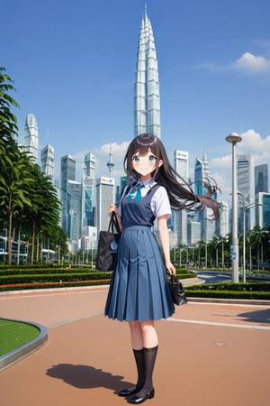 masterpiece, best quality,(1girl), solo,(depth of field),(solo focus),8K,HDR,(ultra high res),(highres),(full body),(lens flare),smiles,blush,(closed mouth),(black hair), (long hair),(aqua eyes),(floating hair), sidelocks,(malaysian secondary school uniform),(schoollogo),(school's logo on right side (pinafore dress)),(aqua blue skirt),(blue pinafore),(collared shirt),(white shirt),(short sleeves),(black socks),(black footwear),(ballet flats),(standing),(outdoors),(cityspace),(holding bag),(lamppost),urban,(petronas twins tower),KLCC,(Kuala Lumpur countryside),(Kuala Lumper Tower),Malaysia,(blue sky),