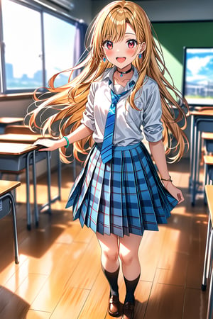 score_9, score_8_up, score_7_up, source_anime, masterpiece, best quality,(1girl), solo,(depth of field),(solo focus),8K,HDR,(ultra high res),(highres),(full body),(lens flare),smiles,blush,(marin kitagawa),(blonde hair),(bangs),(red eyes),(long hair),(multicolored hair),earrings,(jewelry),(school uniform),(white shirt),(collared shirt),(sleeves rolled up),(blue skirt),(necktie),choker, bracelet,(plaid skirt),(pleated skirt),(black socks),(brown footwear),(loafers),kogal,indoors,classroom,standing