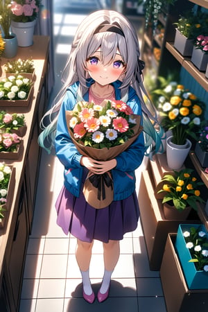 masterpiece, best quality,(1girl), solo,(depth of field),(solo focus),8K,HDR,(ultra high res),(highres),(full body),(lens flare),smiles,blush,(closed mouth),Firefly,(parted bangs),(purple eyes),(grey hair),(gradient hair),(hair intakes),(long hair),(black hairband),(leaf hair ornament),(black ribbon),(hair between eyes),(blue jacket),(pink shirt),(purple skirt),(white socks),(pink footwear),(flats),(standing),(indoors),curtains,(flower shop),(shop),(holding bouquet),florist,(loaded interior),(potted plant),(flower),vase,wreath,