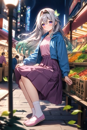 masterpiece, best quality,(1girl), solo,(depth of field),(solo focus),8K,HDR,(ultra high res),(highres),(Exquisite visuals),(narrow waist),(full body),(lens flare),smiles,blush,(nice hands), (perfect hands),((absurdres)),Firefly,(parted bangs),(purple eyes),(grey hair),(gradient hair),(hair intakes),(long hair),(black hairband),(leaf hair ornament),(black ribbon),(hair between eyes),(blue jacket),(pink shirt),(purple skirt),(white socks),(pink footwear),(flats),(outdoors),(cityspace),(market stall),(human road),street,night,