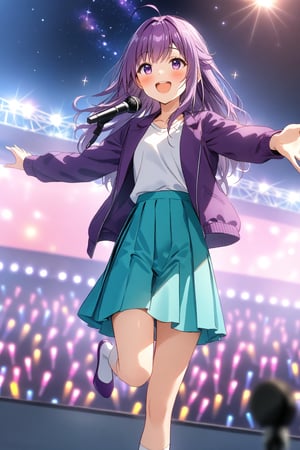 masterpiece, best quality,(1girl), solo,(depth of field),(solo focus),8K,HDR,(ultra high res),(highres),(full body),(lens flare),smiles,blush,(KJOANKO),(ahoge),(bangs),(purple hair),(long hair),(purple eyes),(purple jacket),(open jacket),(white shirt),(collarbone),(aqua skirt),(white socks),(purple footwear),(flats),(outdoors),(holding microphone),music, singing,(stage),(stage lights),(star (sky)),sparkle,(scaffolding),(standing),audience,glowstick,(outstretched arm),(feet out of frame),(leg up)