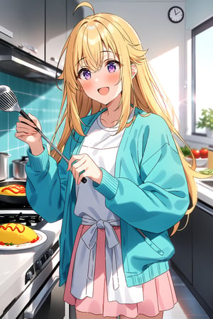 masterpiece, best quality,(1girl), solo,(depth of field),(solo focus),8K,HDR,(ultra high res),(highres),(full body),(lens flare),smiles,blush,ctiank0shi,ahoge (blonde hair),bangs,(long hair),(purple eyes),(aqua cardigan),(open cardigan),(white shirt),(long sleeves),(pink skirt),(black socks),(yellow footwear),(ballet flats),(indoors),(cutting board),(white apron),(modern kitchen),(holding ladle),(cooking),(omelet,omurice,food),(frying pan),plate,(wall clock), microwave, refrigerator,stove,