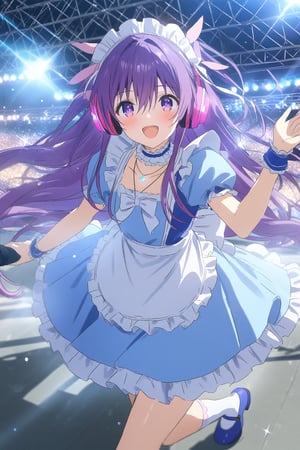 masterpiece, best quality,(1girl), solo,(depth of field),(solo focus),8K,HDR,(ultra high res),(highres),(full body),(lens flare),smiles,blush,(tooka yatogami),(hair between eyes),(white bows),(hair bows),(hair ribbon), earrings, (purple eyes), (purple hair),(floating hair),(very long hair),bangs, sidelocks,(maid headress),(idol clothes),(white bowtie),(blue dress),(frilled choker),(pink ribbon),(puffy short sleeves),(wrist cuffs)(white apron),(necklace),(white sock), (blue footwear),(mary janes),(pink headphones),(outdoors),(holding microphone),music, singing,(stage),(stage lights),(star (sky)),sparkle,(scaffolding),(standing),audience,glowstick,(outstretched arm),(feet out of frame),(leg up),