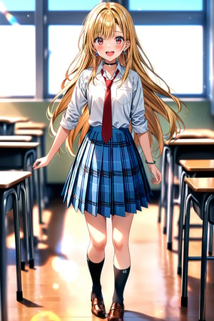 score_9, score_8_up, score_7_up, source_anime, masterpiece, best quality,(1girl), solo,(depth of field),(solo focus),8K,HDR,(ultra high res),(highres),(full body),(lens flare),smiles,blush,(marin kitagawa),(blonde hair),(bangs),(red eyes),(long hair),(multicolored hair),earrings,(jewelry),(school uniform),(white shirt),(collared shirt),(sleeves rolled up),(blue skirt),(necktie),(black choker), bracelet,(plaid skirt),(pleated skirt),(black socks),(brown footwear),(loafers),kogal,indoors,classroom,standing