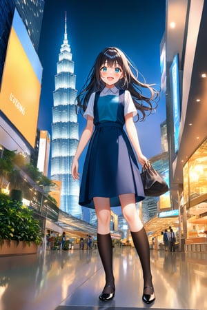 masterpiece, best quality,(1girl), solo,(depth of field),(solo focus),8K,HDR,(ultra high res),(highres),(full body),(lens flare),smiles,blush,(black hair), (long hair),(aqua eyes),(floating hair), sidelocks,(malaysian secondary school uniform),(schoollogo),(school's logo on right side (pinafore dress)),(aqua blue skirt),(blue pinafore),(collared shirt),(white shirt),(short sleeves),(black socks),(black footwear),(ballet flats),(standing),(outdoors),(cityspace),(holding bag),(lamppost),(building),urban,(petronas twin tower),(Longhouse),(national airport tower),KLCC,(Kuala Lumpur countryside),(Kuala Lumper Tower),Malaysia,(blue sky),landmarks,night,firework,(Hibiscus rosa-sinensis),flower,street