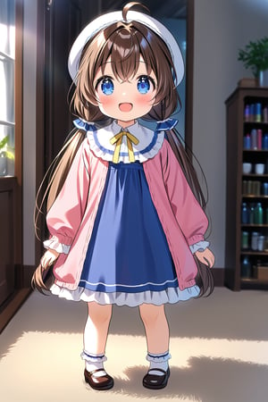 masterpiece, best quality,(1girl), solo,(depth of field),(solo focus),8K,HDR,(ultra high res),(highres),(full body),(lens flare),smiles,blush,hinatsuruai-default),(hinatsuru ai),loli,ahoge,bangs,(blue eyes),(brown hair),(very long hair),(hair between eyes),(low twintails),sidelocks,(white headwear),(beret),((pink jacket),(open jacket)),(blue (pinafore dress)),(puffy sleeves),((neck ribbon),(yellow ribbon)),(long sleeves),((white socks),(bobby socks)),(blue footwear),(mary janes),standing,indoors,(living room),(curtain),carpet,couch,shelf,