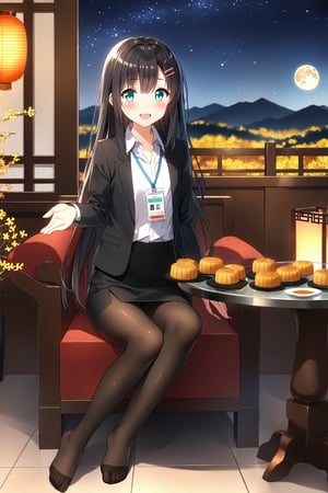 masterpiece, best quality,(1girl), solo,(depth of field),(solo focus),8K,HDR,(ultra high res),(highres),(full body),(full body),(lens flare),smiles,blush,(nice hands), (black hair),(long hair), bangs,(aqua eyes),(hairclip),(id card),(strap),(black jacket),(open jacket),(white shirt),(collared shirt),(black skirt),(pencil skirt),(black pantyhose),(no shoes),(unworns high heels),(mid-autumn festival),(sky lantern),(sitting),(on chair),(armchair),(balcony),(((brown mooncake),food)on plate),(holding mooncake),(maple leaf),(teacup),(teapot),(sanbou),(tsukimi dango),((glass table),(round table)),(gold osmanthus),(yellow flower),(night sky),(star \(sky\)),(full moon),(culture),china,(tile floor),