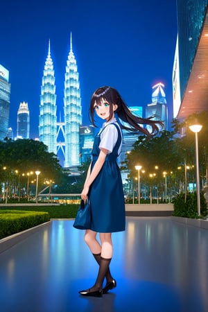 masterpiece, best quality,(1girl), solo,(depth of field),(solo focus),8K,HDR,(ultra high res),(highres),(full body),(lens flare),smiles,blush,(black hair), (long hair),(aqua eyes),(floating hair), sidelocks,(malaysian secondary school uniform),(schoollogo),(school's logo on right side (pinafore dress)),(aqua blue skirt),(blue pinafore),(collared shirt),(white shirt),(short sleeves),(black socks),(black footwear),(ballet flats),(standing),(outdoors),(cityspace),(holding bag),(lamppost),(building),urban,(petronas twin tower),(Longhouse),(national airport tower),KLCC,(Kuala Lumpur countryside),(Kuala Lumper Tower),Malaysia,(blue sky),landmarks,night,firework,(Hibiscus rosa-sinensis),flower,street