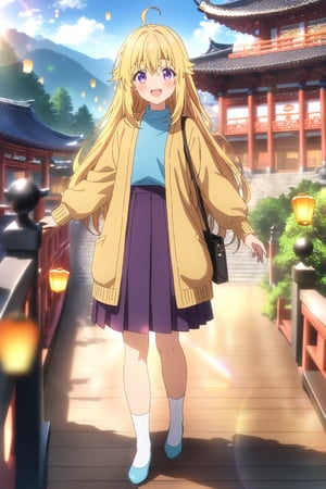 source_anime,masterpiece, best quality,(1girl), solo,(depth of field),(solo focus),8K,HDR,(ultra high res),(highres),(full body),(perfect lighting),(lens flare),smiles,blush,ctiank0shi,ahoge (blonde hair),bangs,(long hair),(purple eyes),(yellow cardigan),(open cardigan),(blue shirt),(long sleeves),(purple skirt),(white socks),(blue footwear),(flats),(holding hand bag),scenery, outdoors,(east asian architecture),(standing),(sky lantern),temple,(wooden floor),landscape,bell,stairs, railing,statue,