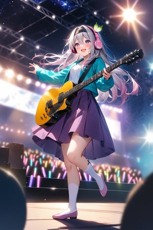 masterpiece, best quality,(1girl), solo,(depth of field),(solo focus),8K,HDR,(ultra high res),(highres),(full body),(lens flare),smiles,blush,Firefly,(parted bangs),(purple eyes),(grey hair),(gradient hair),(hair intakes),(long hair),(black hairband),(leaf hair ornament),(black ribbon),(hair between eyes),(aqua jacket),(white shirt),(purple skirt),(white socks),(pink footwear),(flats),(pink headphones),(outdoors),(holding guitar),(electric guitar),music, singing,(stage),(stage lights),(star (sky)),sparkle,(scaffolding),(standing),audience,glowstick,(outstretched arm),(feet out of frame),(leg up)