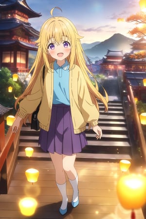 source_anime,masterpiece, best quality,(1girl), solo,(depth of field),(solo focus),8K,HDR,(ultra high res),(highres),(full body),(perfect lighting),(lens flare),smiles,blush,ctiank0shi,ahoge (blonde hair),bangs,(long hair),(purple eyes),(yellow cardigan),(open cardigan),(blue shirt),(long sleeves),(purple skirt),(white socks),(blue footwear),(flats),(holding hand bag),scenery, outdoors,(east asian architecture),(standing),(sky lantern),temple,(wooden floor),landscape,bell,stairs, railing,statue,