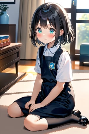 masterpiece, best quality,(1girl), solo,(depth of field),(solo focus),8K,HDR,(ultra high res),(highres),(full body),(lens flare),smiles,blush,(closed mouth),(black hair), (medium hair),(aqua eyes),(floating hair), sidelocks,(malaysian secondary school uniform),(schoollogo),(school's logo on right side (pinafore dress)),(black skirt),(black pinafore),(collared shirt),(white shirt),(short sleeves),(black socks),(black footwear),(mary janes),(sitting),(loli),(child),(indoors),(living room),shelf,curtain,carpet,windows,couch,