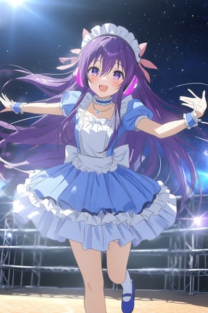 masterpiece, best quality,(1girl), solo,(depth of field),(solo focus),8K,HDR,(ultra high res),(highres),(full body),(lens flare),smiles,blush,(tooka yatogami),(hair between eyes),(white bows),(hair bows),(hair ribbon), earrings, (purple eyes), (purple hair),(floating hair),(very long hair),bangs, sidelocks,(maid headress),(idol clothes),(white bowtie),(blue dress),(frilled choker),(pink ribbon),(puffy short sleeves),(wrist cuffs)(white apron),(necklace),(white sock), (blue footwear),(mary janes),(pink headphones),(outdoors),(holding microphone),music, singing,(stage),(stage lights),(star (sky)),sparkle,(scaffolding),(standing),audience,glowstick,(outstretched arm),(feet out of frame),(leg up),