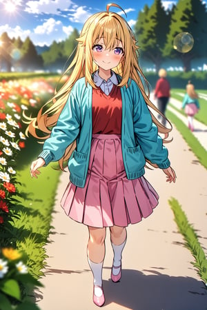 masterpiece, best quality,(1girl), solo,(depth of field),(solo focus),8K,HDR,(ultra high res),(highres),(full body),(lens flare),smiles,blush,(torako koshi),bangs,ahoge,(blonde hair),bangs,(long hair),(purple eyes),(hair between eyes),(aqua cardigan),(open cardigan),(red shirt),(pink skirt),(white socks),(pink footwear),(ballet flats),walking,field,tree,flower,cloud, 