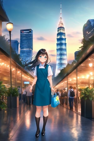 masterpiece, best quality,(1girl), solo,(depth of field),(solo focus),8K,HDR,(ultra high res),(highres),(full body),(lens flare),smiles,blush,(closed mouth),(black hair), (long hair),(aqua eyes),(floating hair), sidelocks,(malaysian secondary school uniform),(schoollogo),(school's logo on right side (pinafore dress)),(aqua blue skirt),(blue pinafore),(collared shirt),(white shirt),(short sleeves),(black socks),(black footwear),(ballet flats),(standing),(outdoors),(cityspace),(holding bag),(lamppost),(building),urban,(petronas twin tower),(Longhouse),(national airport tower),KLCC,(Kuala Lumpur countryside),(Kuala Lumper Tower),Malaysia,(blue sky),landmarks,night,fireworks, 🎇, 🎆,(Hibiscus rosa-sinensis),flower,