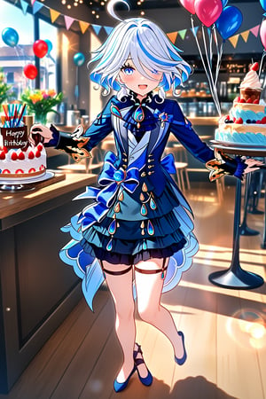 masterpiece, best quality,(1girl), solo,(depth of field),(solo focus),8K,HDR,(ultra high res),(highres),(full body),(lens flare),smiles,blush,furina, ((light blue hair), (white hair),(multicolored hair), (streaked hair)),(blue eyes),(short hair),(ahoge),(hair between eyes),(hair over one eye),cowlick,(aqua cardigan),(open cardigan),(white shirt),(blue skirt),(blue footwear),(ballet flats),(indoors),(cafe),(birthday),(birthday party),(heart balloon),((birthday cake) on table),(string of flags),((gift box),(holding gift)),(happy birthday),((food) on table,fruit,(drink)),(ice cream cup),standing,