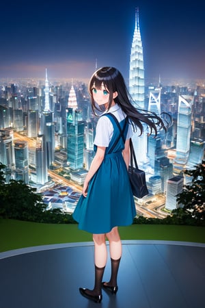 masterpiece, best quality,(1girl), solo,(depth of field),(solo focus),8K,HDR,(ultra high res),(highres),(full body),(lens flare),smiles,blush,(closed mouth),(black hair), (long hair),(aqua eyes),(floating hair), sidelocks,(malaysian secondary school uniform),(schoollogo),(school's logo on right side (pinafore dress)),(aqua blue skirt),(blue pinafore),(collared shirt),(white shirt),(short sleeves),(black socks),(black footwear),(ballet flats),(standing),(outdoors),(cityspace),(holding bag),(lamppost),(building),urban,(petronas twin tower),(Longhouse),(national airport tower),KLCC,(Kuala Lumpur countryside),(Kuala Lumper Tower),Malaysia,(blue sky),landmarks,night,fireworks, 🎇, 🎆,(Hibiscus rosa-sinensis),flower,