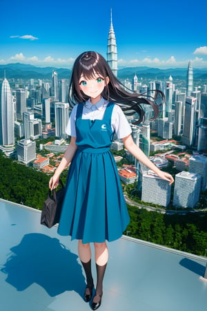 masterpiece, best quality,(1girl), solo,(depth of field),(solo focus),8K,HDR,(ultra high res),(highres),(full body),(lens flare),smiles,blush,(closed mouth),(black hair), (long hair),(aqua eyes),(floating hair), sidelocks,(malaysian secondary school uniform),(schoollogo),(school's logo on right side (pinafore dress)),(aqua blue skirt),(blue pinafore),(collared shirt),(white shirt),(short sleeves),(black socks),(black footwear),(ballet flats),(standing),(outdoors),(cityspace),(holding bag),(lamppost),urban,(petronas twins tower),(Longhouse) ,(national airport tower),KLCC,(Kuala Lumpur countryside),(Kuala Lumper Tower),Malaysia,(blue sky),