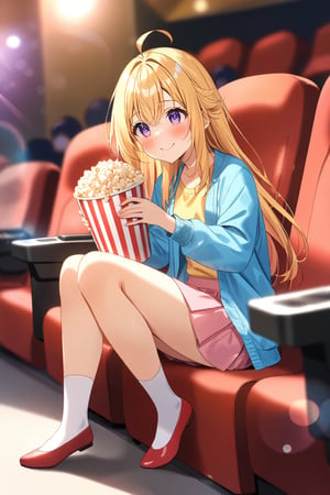 masterpiece, best quality,(1girl), solo,(depth of field),(solo focus),8K,HDR,(ultra high res),(highres),(full body),(lens flare),smiles,blush,(closed mouth), ctiank0shi,ahoge (blonde hair),bangs,(long hair),(purple eyes),(blue cardigan),(open cardigan),(yellow shirt),(long sleeves),(pink skirt),(white socks),(red footwear),(flats),(sitting),indoors, cinema,(holding food),(popcorn),(disposable cup),(movie theater),(out of frame),(theater seating),