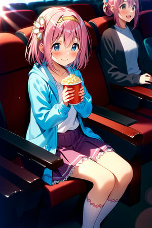 masterpiece, best quality,(1girl), solo,(depth of field),(solo focus),8K,HDR,(ultra high res),(highres),(full body),(lens flare),smiles,blush,(closed mouth),(yui \(princess connect!\)),bangs,(pink hair), (blue eyes), (medium hair), (hair between eyes),(yellow hairband),(hair ornament),(blue cardigan),(open cardigan),(white shirt),(collarbine),(purple skirt),(long sleeves),(white socks),(pink footwear),(ballet flats),(sitting),indoors, cinema,(holding food),(popcorn),(disposable cup),(drink),(movie theater),(theater seating),