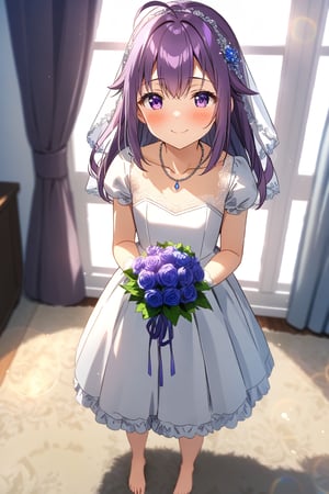 masterpiece, best quality,(1girl), solo,(depth of field),(solo focus),8K,HDR,(ultra high res),(highres),(full body),(lens flare),smiles,blush,(closed mouth), (KJOANKO),(ahoge),(bangs),(purple hair),(long hair),(purple eyes),(collarbone),(hair ornament),(wedding dress), (white dress),(puffy short sleeves),(frilled dress),(white shirt),(skirt), ((white gloves),(lace-trimmed gloves)),(elbow gloves), necklace,jewelry,(barefoot),(toenail polish), indoors,standing,room, window, curtains, carpet,veil,(holding bouquet),