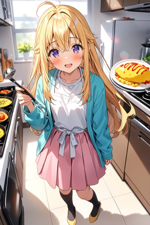 masterpiece, best quality,(1girl), solo,(depth of field),(solo focus),8K,HDR,(ultra high res),(highres),(full body),(lens flare),smiles,blush,ctiank0shi,ahoge (blonde hair),bangs,(long hair),(purple eyes),(aqua cardigan),(open cardigan),(white shirt),(long sleeves),(pink skirt),(black socks),(yellow footwear),(ballet flats),(indoors),(cutting board),(white apron),(modern kitchen),(holding ladle),(cooking),(omelet,omurice,food),(frying pan),plate,(wall clock), microwave, refrigerator,stove,