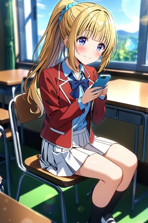 masterpiece, best quality,(1girl), solo,(depth of field),(solo focus),8K,HDR,(ultra high res),(highres),(full body),(lens flare),smiles,blush,(kei karuizawa),(blunt bangs),(blonde hair),(ponytail),(blue eyes),(blue scrunchie),(hair scrunchie),(hair ornament),(advanced nurturing high school uniform),(red jacket),(open jacket),(blue shirt),(collared shirt),(blue bowtie),(white skirt),(pleated skirt),(black socks),(white footwear),(uwabaki),sitting,indoors,classroom,(holding phone),(smartphone),(table),(on chair),(curtain),(window),