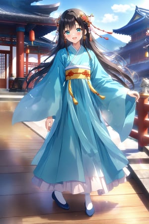 source_anime,masterpiece, best quality,(1girl), solo,(depth of field),(solo focus),8K,HDR,(ultra high res),(highres),(full body),(perfect lighting),(lens flare),smiles,blush,(black hair),(long hair),(aqua eyes),(hair ornament),(hanfu),(ruanyi0758),(shawl),(jewelry),(chinese clothes),(blue dress),(long sleeves),(wide sleeves),(white socks),(ancient chinese socks),(blue footwear),(embroidered flats),,scenery,outdoors,(east asian architecture),temple,(wooden floor),landscape,bell,stairs,railing,statue,