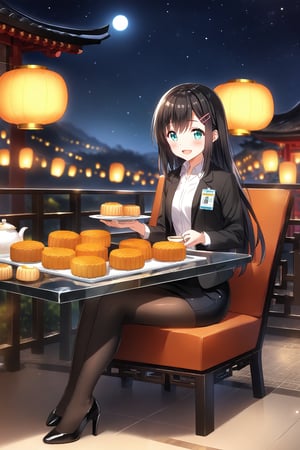 masterpiece, best quality,(1girl), solo,(depth of field),(solo focus),8K,HDR,(ultra high res),(highres),(full body),(full body),(lens flare),smiles,blush,(nice hands), (black hair),(long hair), bangs,(aqua eyes),(hairclip),(id card),(strap),(black jacket),(open jacket),(white shirt),(collared shirt),(black skirt),(pencil skirt),(black pantyhose),(black footwear),(high heels),(mid-autumn festival),(sky lantern),(sitting),(on chair),(armchair),(balcony),(((brown mooncake),food)on plate),(holding mooncake),(maple leaf),(teacup),(teapot),(sanbou),(tsukimi dango),((glass table),(round table)),(gold osmanthus),(yellow flower),(night sky),(star \(sky\)),(full moon),(culture),china,(tile floor),