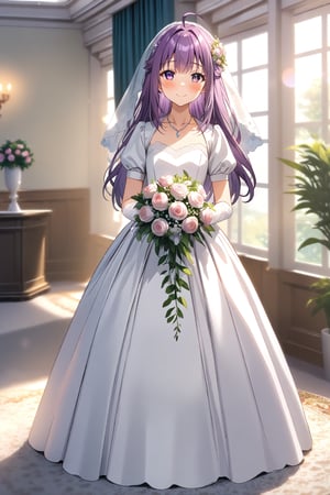 masterpiece, best quality,(1girl), solo,(depth of field),(solo focus),8K,HDR,(ultra high res),(highres),(full body),(lens flare),smiles,blush,(closed mouth), (KJOANKO),(ahoge),(bangs),(purple hair),(long hair),(purple eyes),(collarbone),(hair ornament),(wedding dress), (white dress),(puffy short sleeves),(frilled dress),(white shirt),(skirt), ((white gloves),(lace-trimmed gloves)),(elbow gloves), necklace,jewelry,(white legwear),(no shoes), indoors,standing,room, window, curtains, carpet,veil,(holding bouquet),