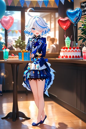 masterpiece, best quality,(1girl), solo,(depth of field),(solo focus),8K,HDR,(ultra high res),(highres),(full body),(lens flare),smiles,blush,furina, ((light blue hair), (white hair),(multicolored hair), (streaked hair)),(blue eyes),(short hair),(ahoge),(hair between eyes),(hair over one eye),cowlick,(aqua cardigan),(open cardigan),(white shirt),(blue skirt),(blue footwear),(ballet flats),(indoors),(cafe),(birthday),(birthday party),(heart balloon),((birthday cake) on table),(string of flags),((gift box),(holding gift)),(happy birthday),((food) on table,fruit,(drink)),(ice cream cup),standing,