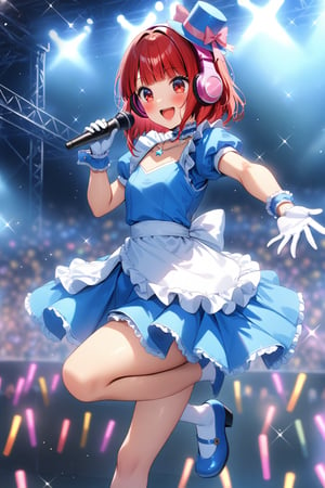 masterpiece, best quality,(1girl), solo,(depth of field),(solo focus),8K,HDR,(ultra high res),(highres),(full body),(lens flare),smiles,blush,(Kana-XL),(medium hair), (red eyes), (red hair),(blunt bangs),(top hat),(
hat bow),(idol clothes),(white bowtie),(blue dress),(frilled choker),(pink ribbon),(puffy short sleeves),(wrist cuffs)(white apron),(white gloves).(necklace),(white sock), (blue footwear),(mary janes),(pink headphones),(outdoors),(holding microphone),music, singing,(stage),(stage lights),(star (sky)),sparkle,(scaffolding),(standing),audience,glowstick,(outstretched arm),(feet out of frame),(leg up),