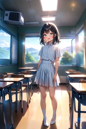 masterpiece, best quality,(1girl), solo,(depth of field),(solo focus),8K,HDR,(ultra high res),(highres),(full body),(perfect lighting),(lens flare),smiles,blush,(black hair), (medium hair),(aqua eyes), sidelocks,(collared shirt),((double pocket) of (white shirt)),(white buttons),(white skirt),(short sleeves),(white socks),(white footwear),(flats),(indoors),(classroom),(standing),(kyoushitsu),(school chair), (school desk), (whiteboard),(window),(ceiling light),curtains,tree,(air conditioners),