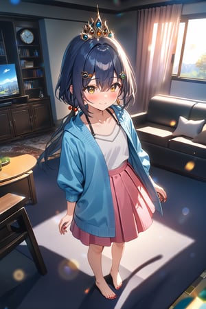 masterpiece, best quality,(1girl), solo,(depth of field),(solo focus),8K,HDR,(ultra high res),(highres),(full body),(perfect lighting),(lens flare),smiles,blush,(closed mouth),(yunli),(dark blue hair),(short hair with long locks),(low twintails),(yellow eyes),(hair between eyes),(single earrings),(crown),(hairclip),(headpiece),(hair ornament),(low ponytail),(double ponytail),(blue cardigan),(open cardigan),(white shirt),(collarbone),(pink skirt),(barefoot),(toenail polish),(red nails),(no shoes),(indoor),(living room),clock,(standing),(couch),curtains,carpet,bookshelf,(modern room),(tile floor), 