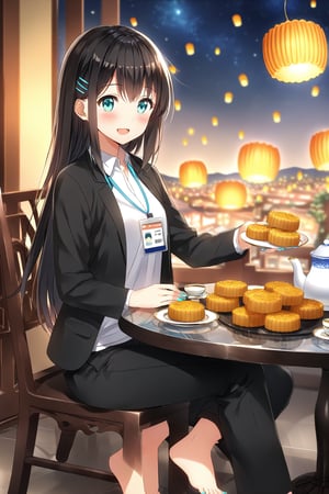 masterpiece, best quality,(1girl), solo,(depth of field),(solo focus),8K,HDR,(ultra high res),(highres),(full body),(full body),(lens flare),smiles,blush,(nice hands), (black hair),(long hair), bangs,(aqua eyes),(hairclip),(id card),(strap),(black jacket),(open jacket),(white shirt),(collared shirt),(black pants),(pencil pants),(barefoot),(toenail polish),(aqua nails),(mid-autumn festival),(sky lantern),(sitting),(on chair),(armchair),(balcony),(((brown mooncake),food)on plate),(holding mooncake),(maple leaf),(teacup),(teapot),(sanbou),(tsukimi dango),((glass table),(round table)),(gold osmanthus),(yellow flower),(night sky),(star \(sky\)),(full moon),(culture),china,(tile floor),