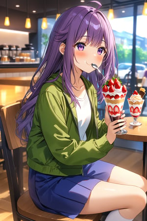 masterpiece, best quality,(1girl), solo,(depth of field),(solo focus),8K,HDR,(ultra high res),(highres),(full body),(perfect lighting),(lens flare),smiles,blush,(KJOANKO),(ahoge),(bangs),(purple hair),(long hair),(purple eyes),(green jacket),(open jacket),(white shirt),(collarbone),(blue skirt),(white socks),(purple footwear),(flats),(cafe),indoors,(table),(eating parfait),(food on table),(holding spoon),(strawberry parfait),(drink),(modern cafe),(led lights),curtains,(sitting on chair)