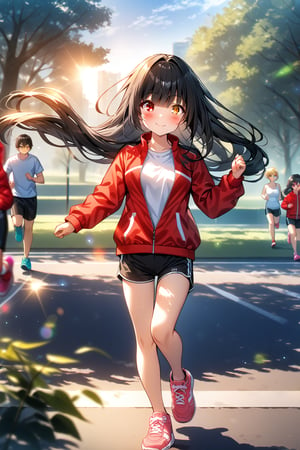 score_9, score_8_up, score_7_up, source_anime, masterpiece, best quality,(1girls), solo,(depth of field),(solo focus),8K,HDR,(ultra high res),(highres),(full body),(perfect lighting),(lens flare),smiles,blush,(nice hands), (perfect hands),(TokisakiKurumi),(diagonal bangs),(black hair),(very long hair),((heterochromia),(symbol-shaped pupils),(red eyes),(clock eyes,yellow eyes )),(floating hair),(hair between eyes), (medium breasts),(red jacket),(open jacket),(white shirt),(black shorts),(pink footwear),(sneakers),(closed mouth),outdoors,jogging,running,park, tree,cityspace,morning,READ DESCRIPTION