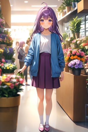 masterpiece, best quality,(1girl), solo,(depth of field),(solo focus),8K,HDR,(ultra high res),(highres),(full body),(lens flare),smiles,blush,(closed mouth),(KJOANKO),(ahoge),(bangs),(purple hair),(long hair),(purple eyes),(blue jacket),(open jacket),(white shirt),(collarbone),(purple skirt),(white socks),(pink footwear),(flats),(standing),(indoors),curtains,(flower shop),(shop),(holding bouquet),florist,(loaded interior),(potted plant),(flower),vase,wreath,