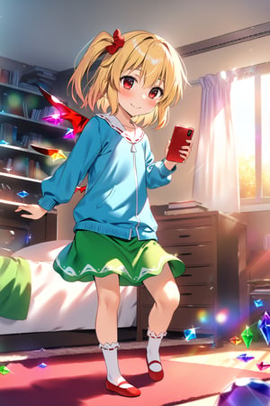 masterpiece, best quality,(1girl), solo,(depth of field),(solo focus),8K,HDR,(ultra high res),(highres),(full body),(lens flare),smiles,blush,(closed mouth),(touhou),(flanN),(flandre scarlet),(blonde hair),(side ponytail),(medium hair),(red eyes),wings, crystal, (laevatein \(touhou\)),(blue cardigan),(open cardigan),(pink shirt),(green skirt),(white socks),(red footwear),(ballet flats),(indoors),(messy room),(shelf),(curtains),(carpet),(bed),(window),(holding phone),