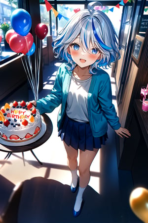 masterpiece, best quality,(1girl), solo,(depth of field),(solo focus),8K,HDR,(ultra high res),(highres),(full body),(lens flare),smiles,blush,(furinarnd), ((light blue hair), (white hair),(multicolored hair), (streaked hair)),(blue eyes),(short hair),(ahoge),(hair between eyes),cowlick,(aqua cardigan),(open cardigan),(white shirt),(blue skirt),(white socks),(blue footwear),(ballet flats),(indoors),(cafe),(birthday),(birthday party),(heart balloon),((birthday cake) on table),(string of flags),((gift box),(holding gift)),(happy birthday),((food) on table,fruit,(drink)),(ice cream cup),standing,