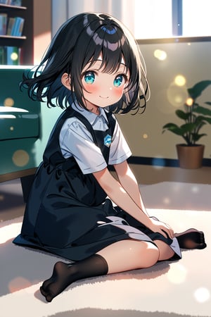 masterpiece, best quality,(1girl), solo,(depth of field),(solo focus),8K,HDR,(ultra high res),(highres),(full body),(lens flare),smiles,blush,(closed mouth),(black hair), (medium hair),(aqua eyes),(floating hair), sidelocks,(malaysian secondary school uniform),(schoollogo),(school's logo on right side (pinafore dress)),(black skirt),(black pinafore),(collared shirt),(white shirt),(short sleeves),(black socks),(no shoes),(sitting),(loli),(child),(indoors),(living room),shelf,curtain,carpet,windows,couch,