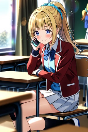 masterpiece, best quality,(1girl), solo,(depth of field),(solo focus),8K,HDR,(ultra high res),(highres),(full body),(lens flare),smiles,blush,(kei karuizawa),(blunt bangs),(blonde hair),(ponytail),(blue eyes),(blue scrunchie),(hair scrunchie),(hair ornament),(advanced nurturing high school uniform),(red jacket),(open jacket),(blue shirt),(collared shirt),(blue bowtie),(white skirt),(pleated skirt),(black socks),(white footwear),(uwabaki),sitting,indoors,classroom,(holding phone),(smartphone),(table),(on chair),(curtain),(window),