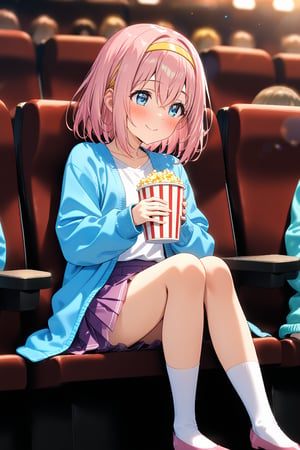 masterpiece, best quality,(1girl), solo,(depth of field),(solo focus),8K,HDR,(ultra high res),(highres),(full body),(lens flare),smiles,blush,(closed mouth),( yuipcrbase),bangs,(pink hair), (blue eyes), (medium hair), (hair between eyes),(yellow hairband),(hair ornament),(blue cardigan),(open cardigan),(white shirt),(collarbine),(purple skirt),(long sleeves),(white socks),(pink footwear),(ballet flats),(sitting),indoors, cinema,(holding food),(popcorn),(disposable cup),(drink),(movie theater),(theater seating),