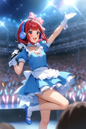 masterpiece, best quality,(1girl), solo,(depth of field),(solo focus),8K,HDR,(ultra high res),(highres),(full body),(lens flare),smiles,blush,(Kana-XL),(medium hair), (red eyes), (red hair),(blunt bangs),(top hat),(
hat bow),(idol clothes),(white bowtie),(blue dress),(frilled choker),(pink ribbon),(puffy short sleeves),(wrist cuffs)(white apron),(white gloves).(necklace),(white sock), (blue footwear),(mary janes),(pink headphones),(outdoors),(holding microphone),music, singing,(stage),(stage lights),(star (sky)),sparkle,(scaffolding),(standing),audience,glowstick,(outstretched arm),(feet out of frame),(leg up),