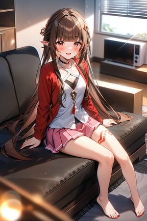 masterpiece, best quality,(1girl), solo,(depth of field),(solo focus),8K,HDR,(ultra high res),(highres),(full body),(lens flare),smiles,blush,(lingsha),(blunt bangs),(brown hair),(very long hair),(red eyes),(pointy ears ),sidelocks,(hair ornament),(jewelry),(halterneck),(red cardigan),(open cardigan),(white shirt),(collarbone),(pink skirt),(red socks),(barefoot),(toenail polish),(red nails),(leg tattoo),(handbag),indoors,(living room),(shelf),(air condition),(modern room),(curtain),carpet,(sitting on couch),